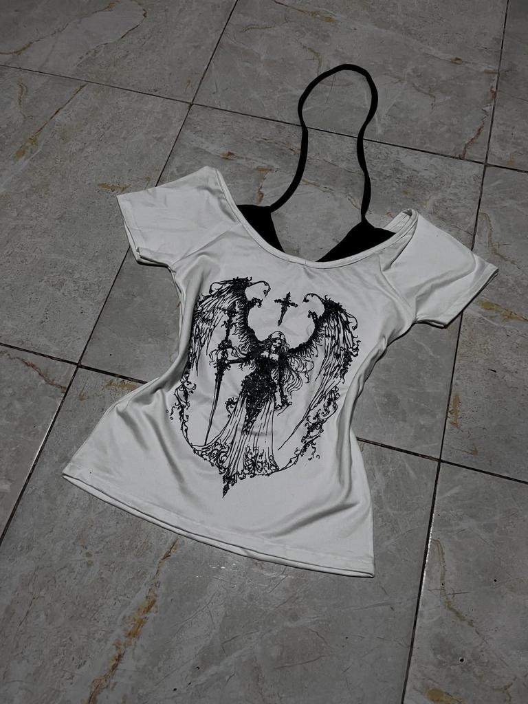 Summer Street Style Dark Print Fake Two-Piece Halter Pullover T-shirt for Women