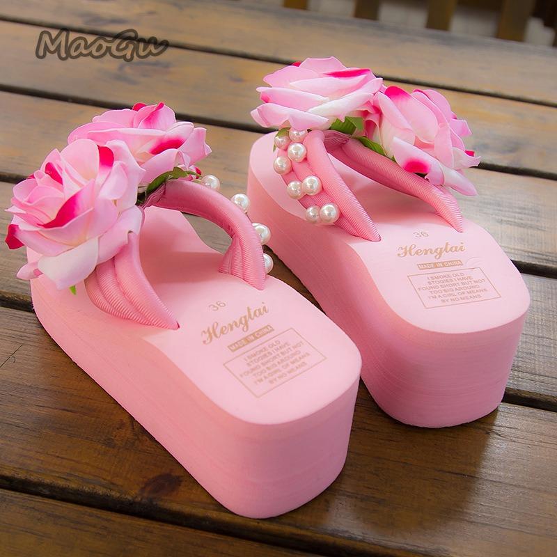 Pink Women's Floral Platform Flip Flops Rose Pearl Embellished Wedge Sandals Thick Sole Summer Slides Beach Fashion Slippers