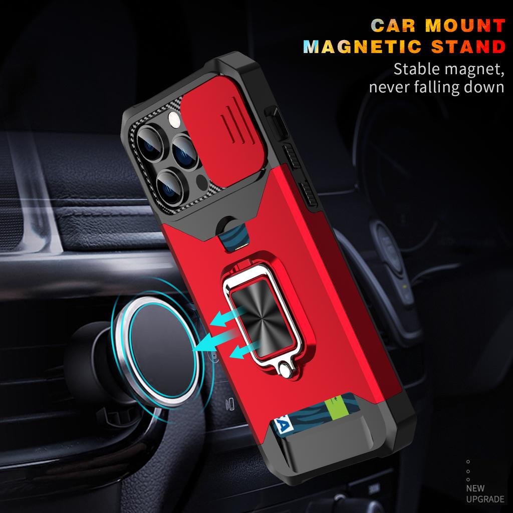 For iPhone 15 Pro Case Anti-scratch PC+TPU Kickstand Phone Back Cover with Slide Lens Protector
