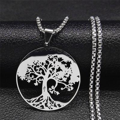 Women's Stainless Steel Hollow Tree of Life Round Pendant Necklace Jewelry
