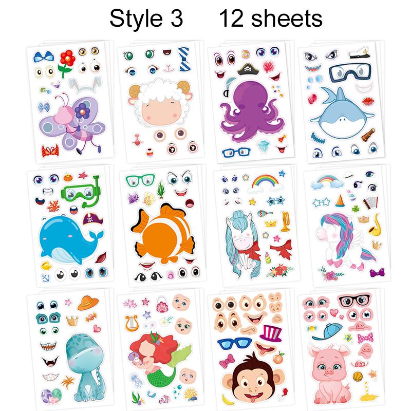 12pcs/set Animal Face Changing Sticker Toys Children Montessori Toys Cartoon Animals Mermaid Educational Toys for Kids TMZ
