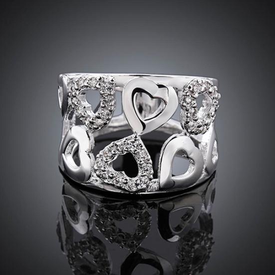 Women Faux Silver Plated Rhinestone Wide Band Cluster Hollow Heart Ring