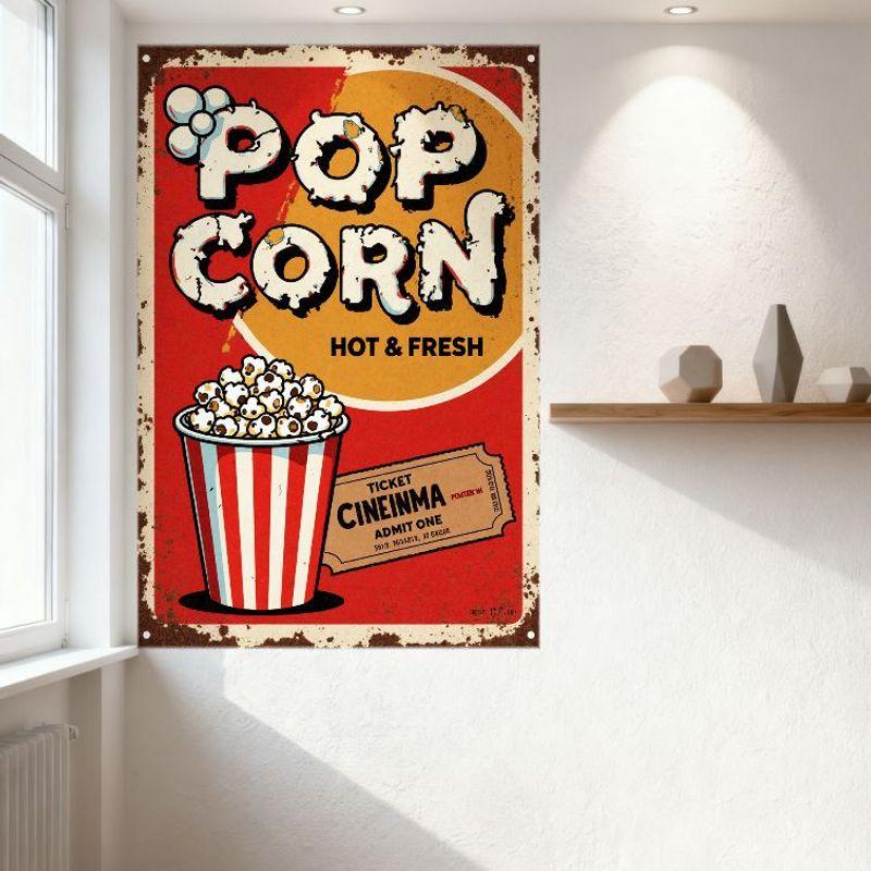 Vintage Popcorn Metal Tin Sign Retro Movie Theater Poster Red Background Yellow Circle 'POP' 'CORN' Hot Fresh Decor for Bar Café
