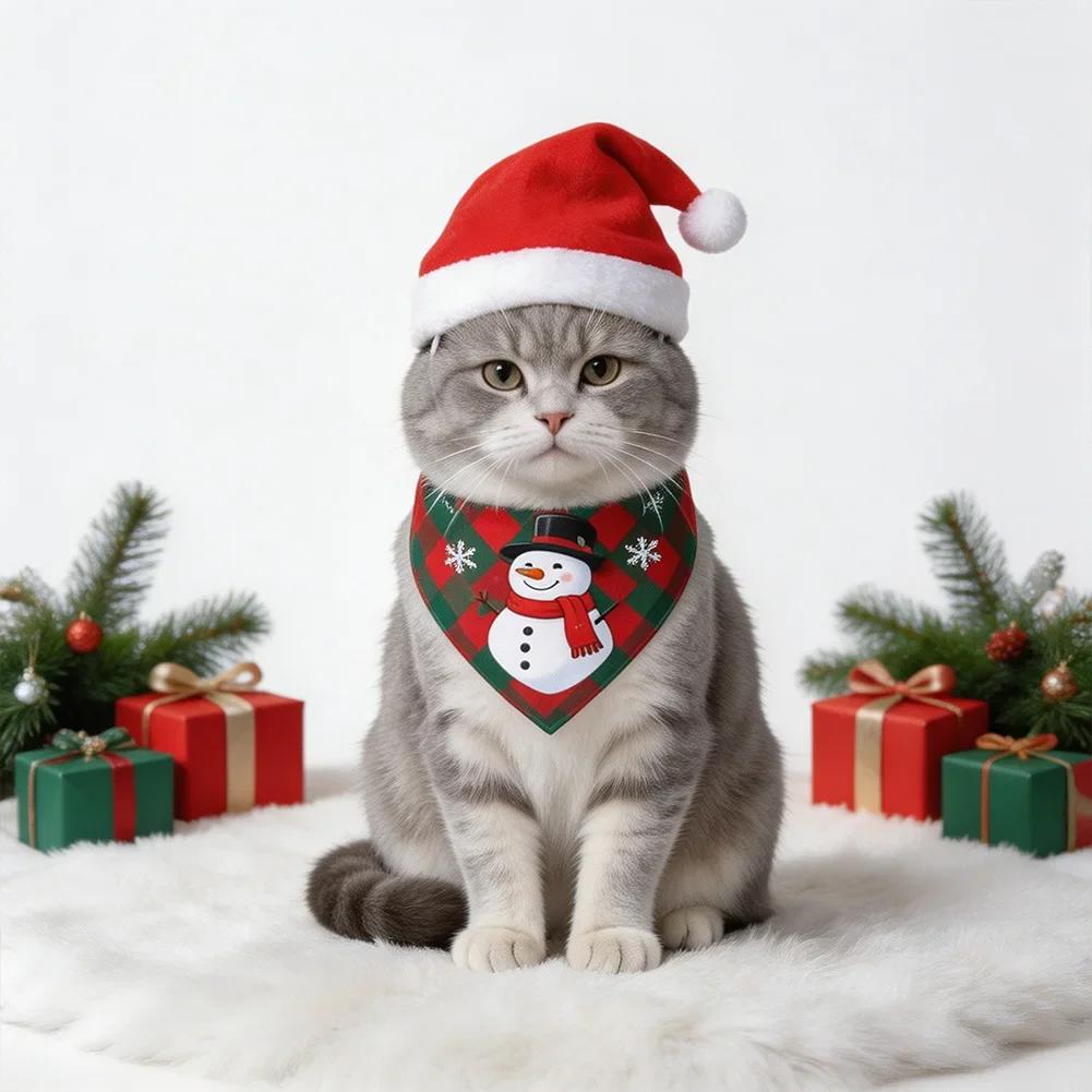 Holiday Dog Scarf Bibs 2Pcs Christmas Plaid Bandanas Puppy Pet Grooming Accessories For Cats Dogs Christmas Gift Supplies