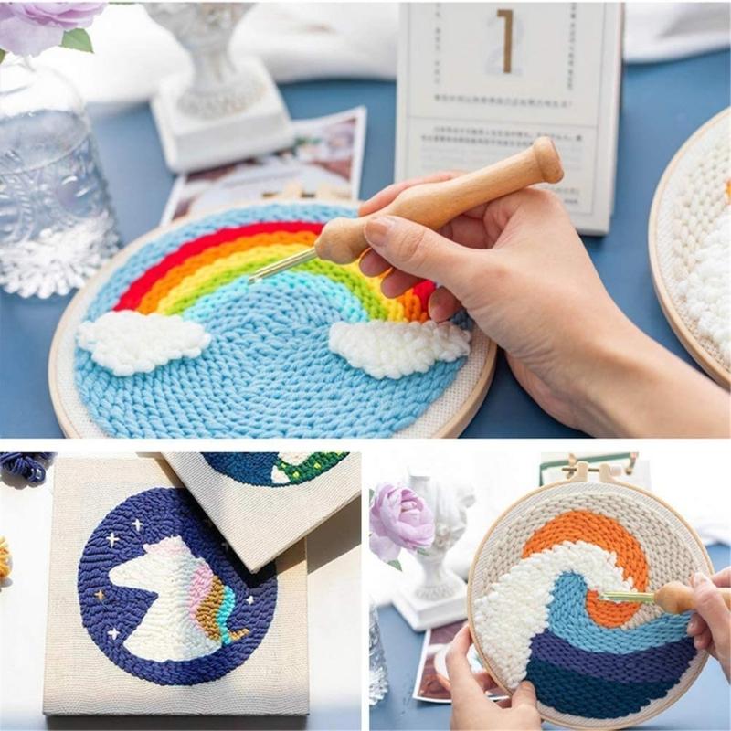Punching Needle Tool Adjustable Wood Handle Punching Needle Embroidery Tool with 7 Size Punching Needle Tip and Threader