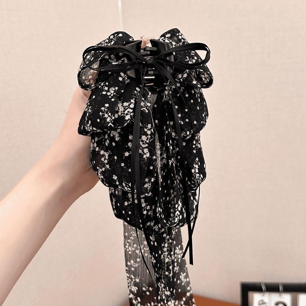 Handmade Chiffon Floral Bow Ponytail Clip for Voluminous Hair