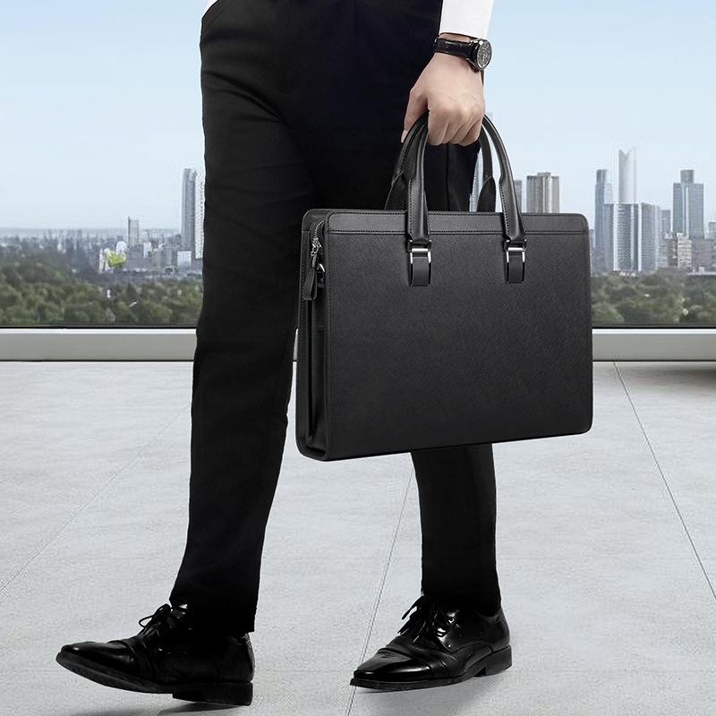 Men's Cross Texture Business Briefcase, Water Resistant Large Capacity Laptop Handbag, Office Shoulder Crossbody Document Bag
