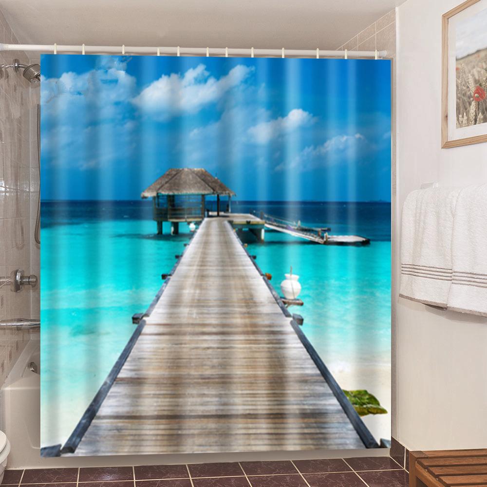 Seaside Sea Beach Sea Wave Coconut Tree Shower Curtains Bathroom Curtain Fabric Waterproof Polyester Bath Curtain With Hooks