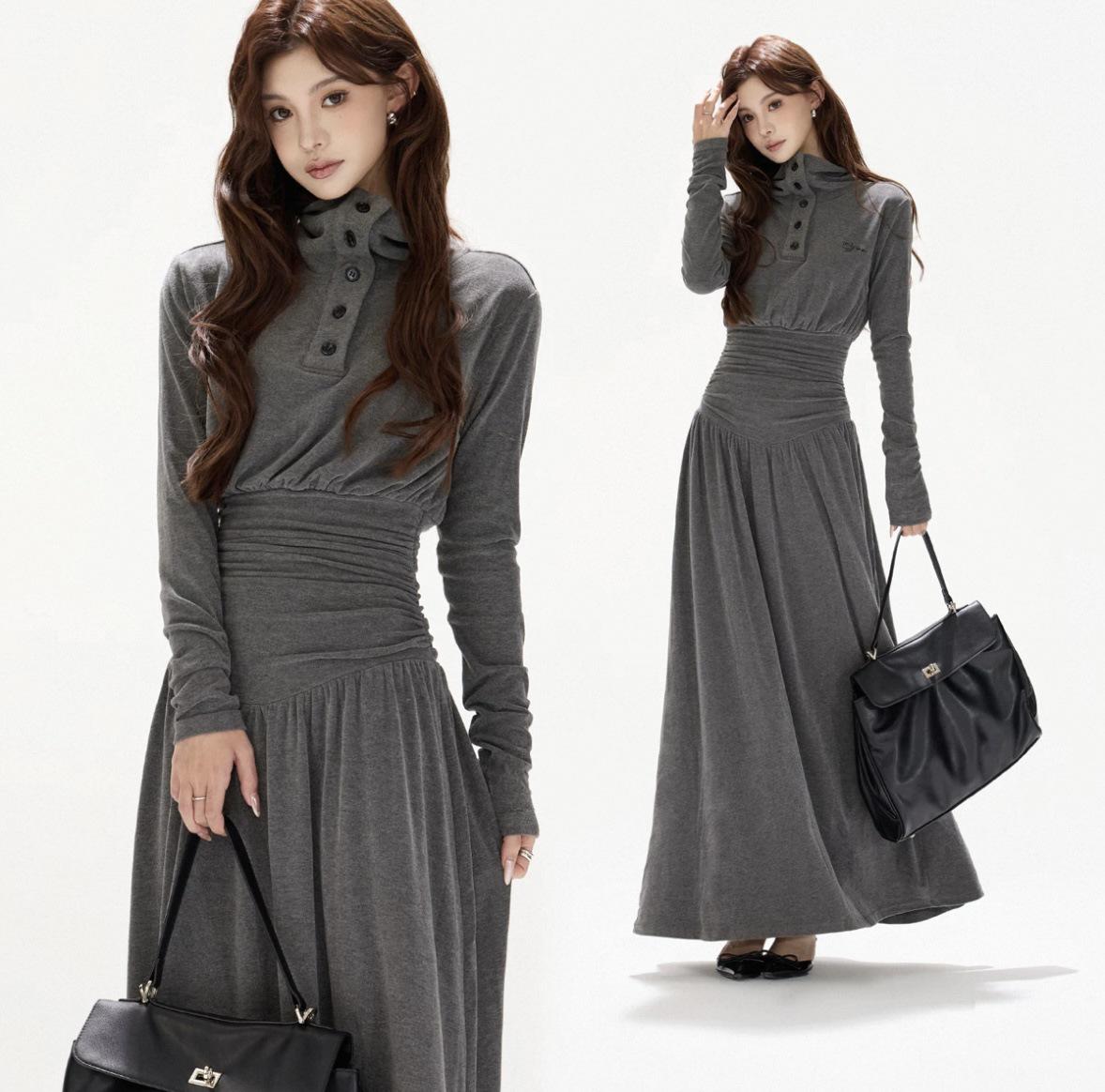 

French Court Chiffon Lantern Sleeve V-neck Dress with Cinched Waist and Volume Hem Small темно-серого