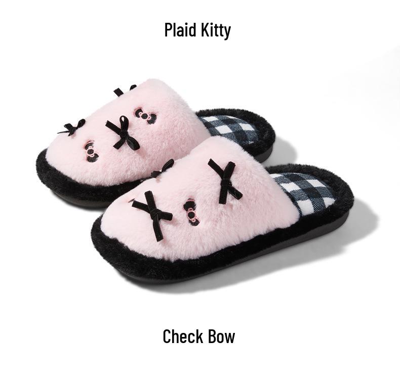 Cute Kitty Bow Slippers: Women's Non-Slip Comfortable Cotton Indoor Shoes for Autumn and Winter