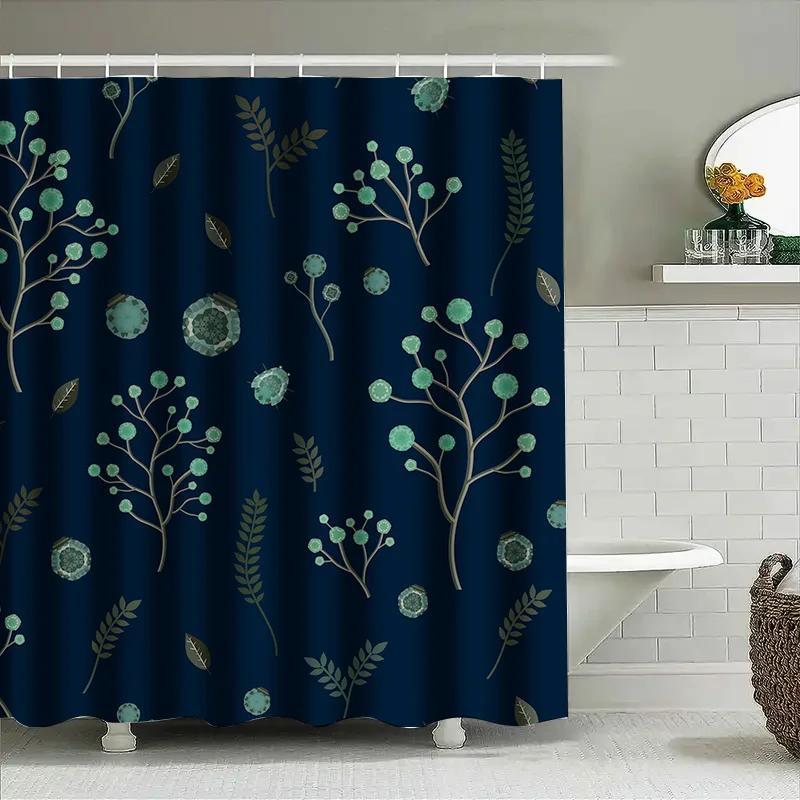 Luxury Blue Bath Shower Curtain Decorative Forest Pattern With Leaves Berries Waterproof Fabric For Bathroom Decoration
