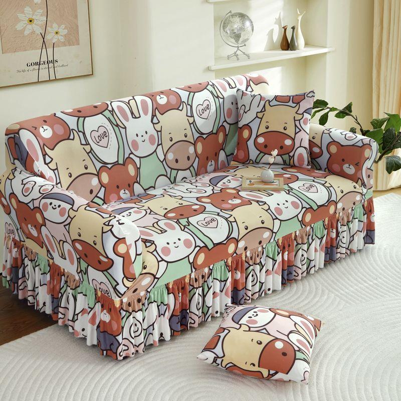 Elastic Sofa Cover with Ruffled Skirt & Geometric Pattern - One-Piece Slip-Resistant Dust-Proof Slipcover for 1-4 Seater Sofas