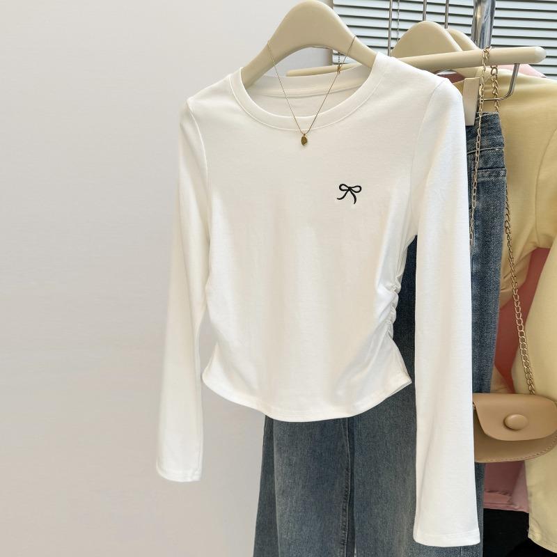 Real Shot Sweet Spice Girl Pleated Waist Embroidered Long-sleeved T-shirt Women's Season Slim-fitting Bottoming Shirt