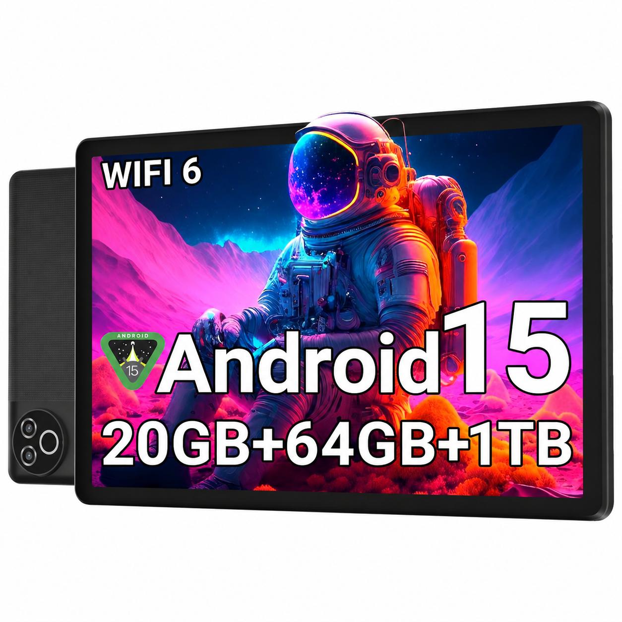 Tablet Android 15, 10,1 palca, 20 GB + 64 GB, HD IPS displej, WiFi 6 Video tablet Only tablet čierna