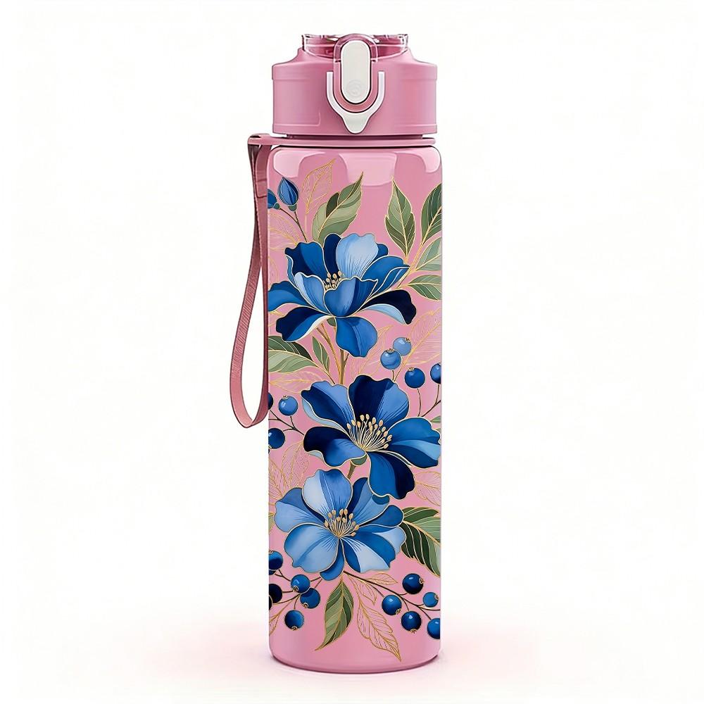 1PC Blue Floral Watercolor Vintage Pattern 750ml Color Plastic Sports Water Bottle Leakproof Flip Straw Lid Suitable for Sports Office Home Use