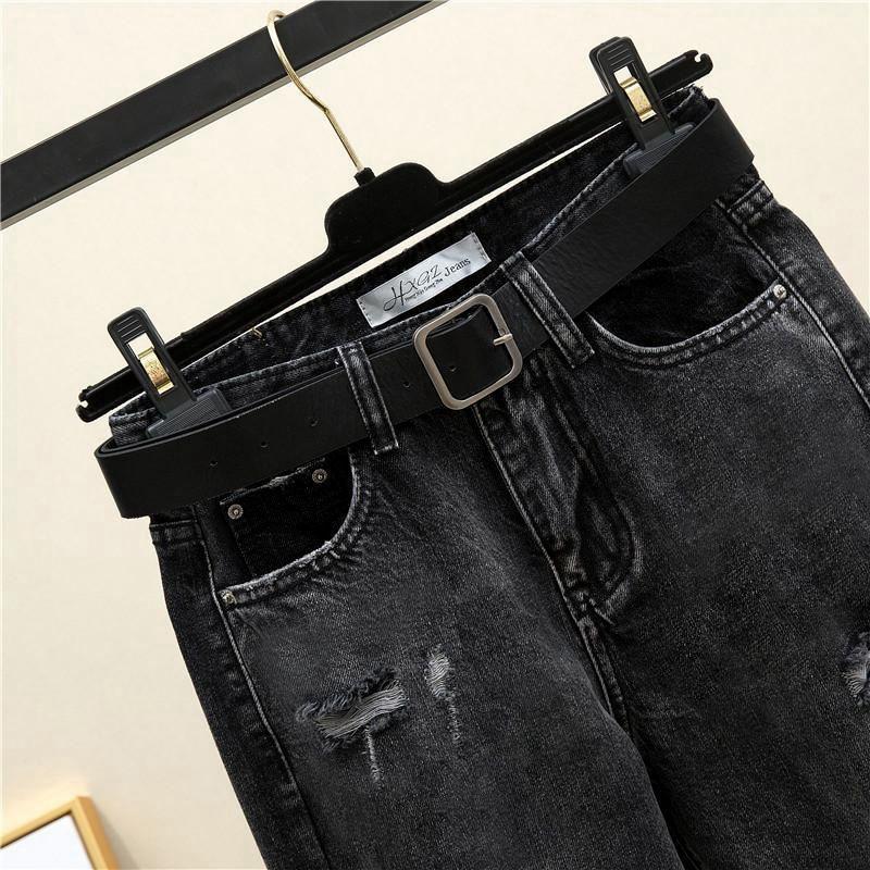 Women's High Waist Smoky Gray Ripped Jeans - Korean Style Slim Straight Harem Pants