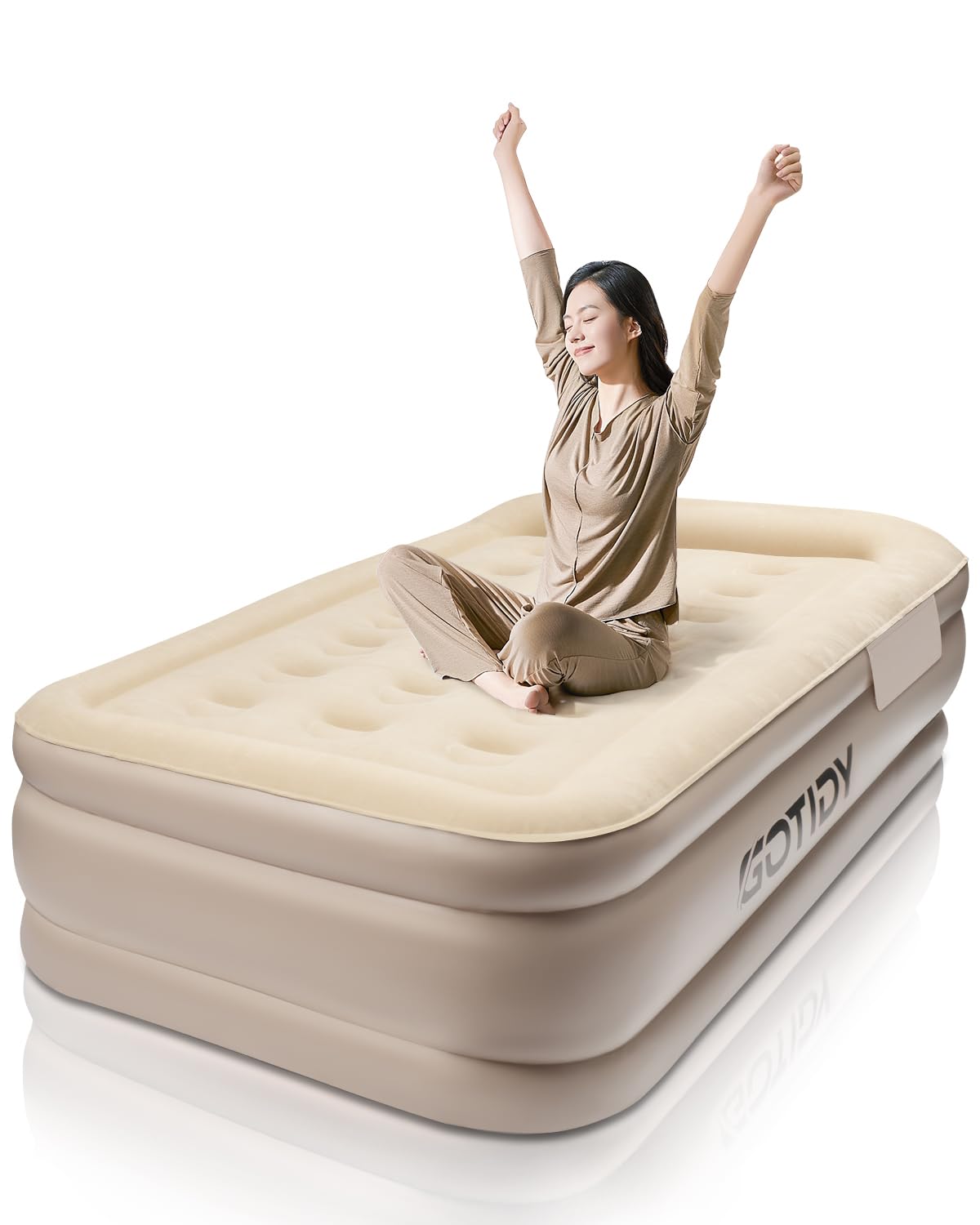 

GOTIDY Воздушная кровать Односпальная электрическая воздушная кровать Перезаряжаемый 4000 мАч Воздушный Матрас Электрический Кемпинг Грузоподъемность 300 кг Подушка в комплекте Компактное Хранение Для бежевый