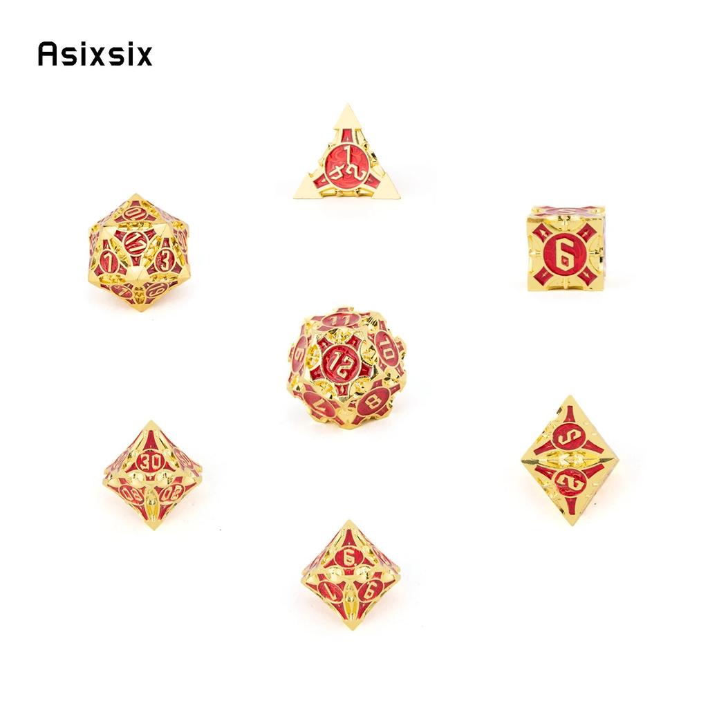 7dílná sada zlatých červených kovových kostek z masivního kovu s polyedrickými kostkami vhodná pro hraní RPG deskových her a karetních her