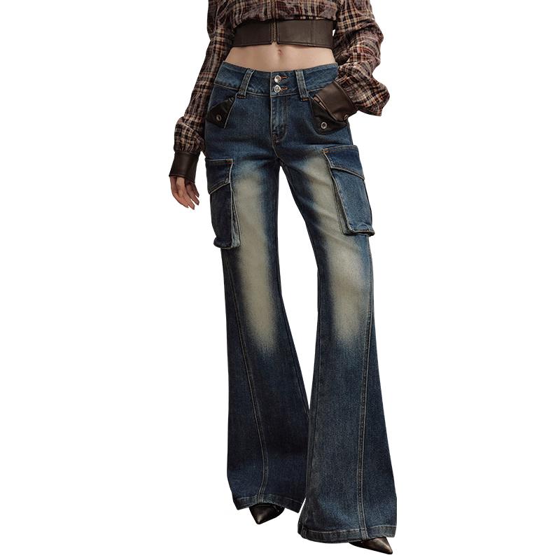 UNIFREE 2025 Autumn Low-Waist Washed Distressed Wide-Leg Flare Jeans