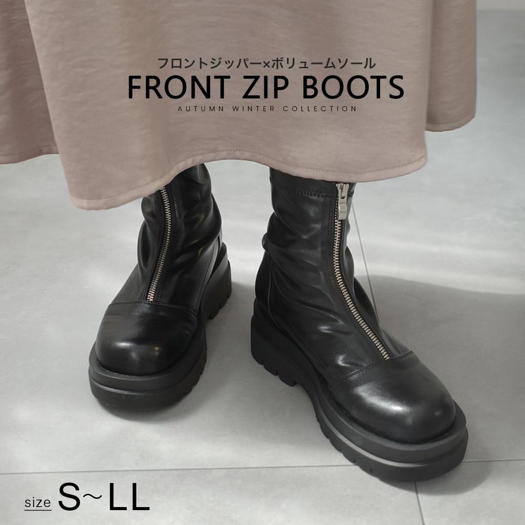 [AmiAmi] Platform Boots, Front Zip Boots, Women's Short Boots, Black Track Sole, SH214 (S (22.5cm-23.0cm), Black (Smooth))