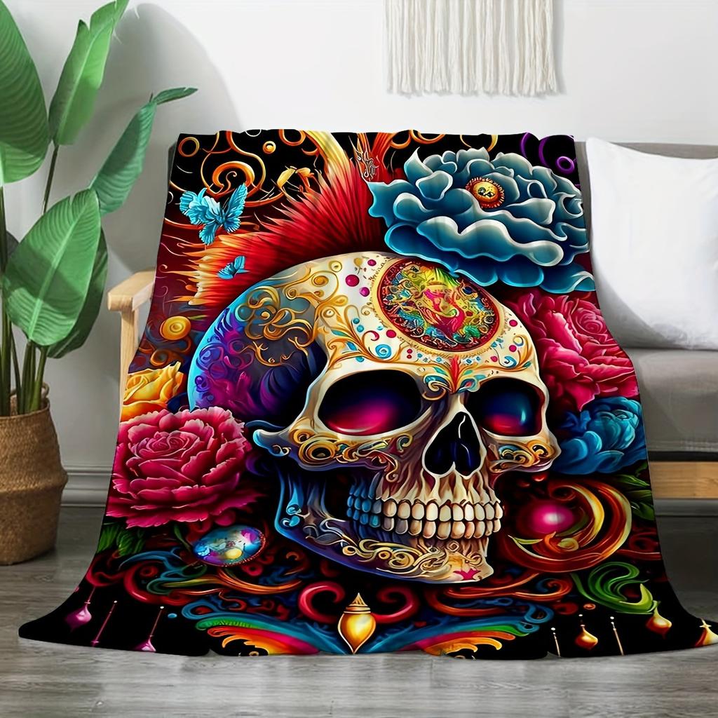 Decorative Throw Blanket with Intricate Skull Motif Art for Modern Sofa, Bed, Living Room, and Home Space Styling