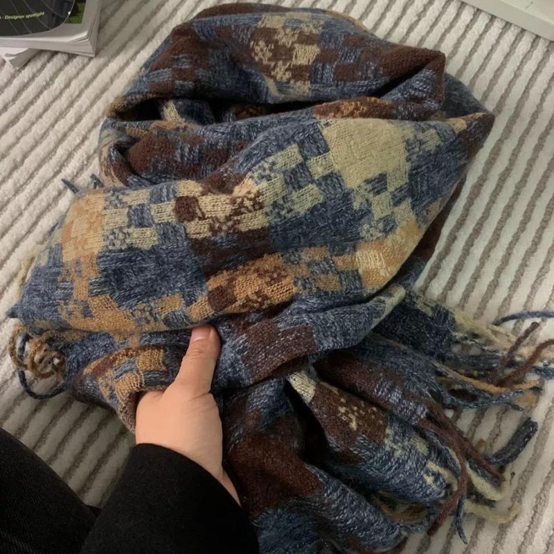 High-End Temperament Atmospheric Blue Plaid Scarf Women's Winter Versatile Thickened Couple Warm Student Neck Warmer