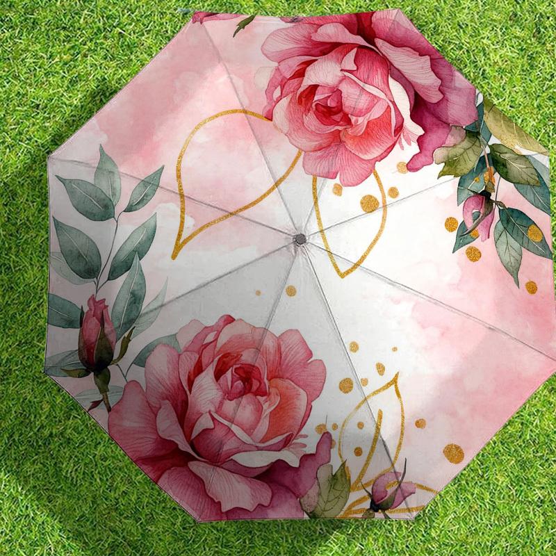 1pc Rose Floral Automatic Folding Umbrella, Heavy Duty 8 Rib Iron Frame,  Suitable for Travel, Daily Use, Birthday, Decor Gift m0104041