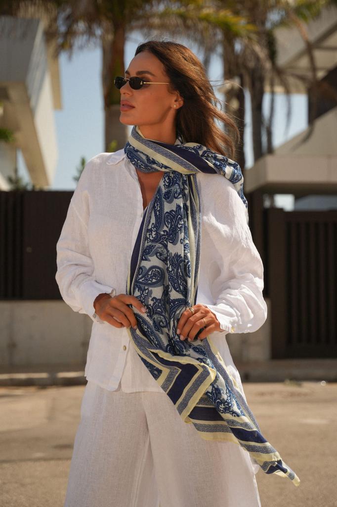 Viscose Scarf 180x85 "Orient Blue" - Oriental Paisley Pattern in Shades of Blue