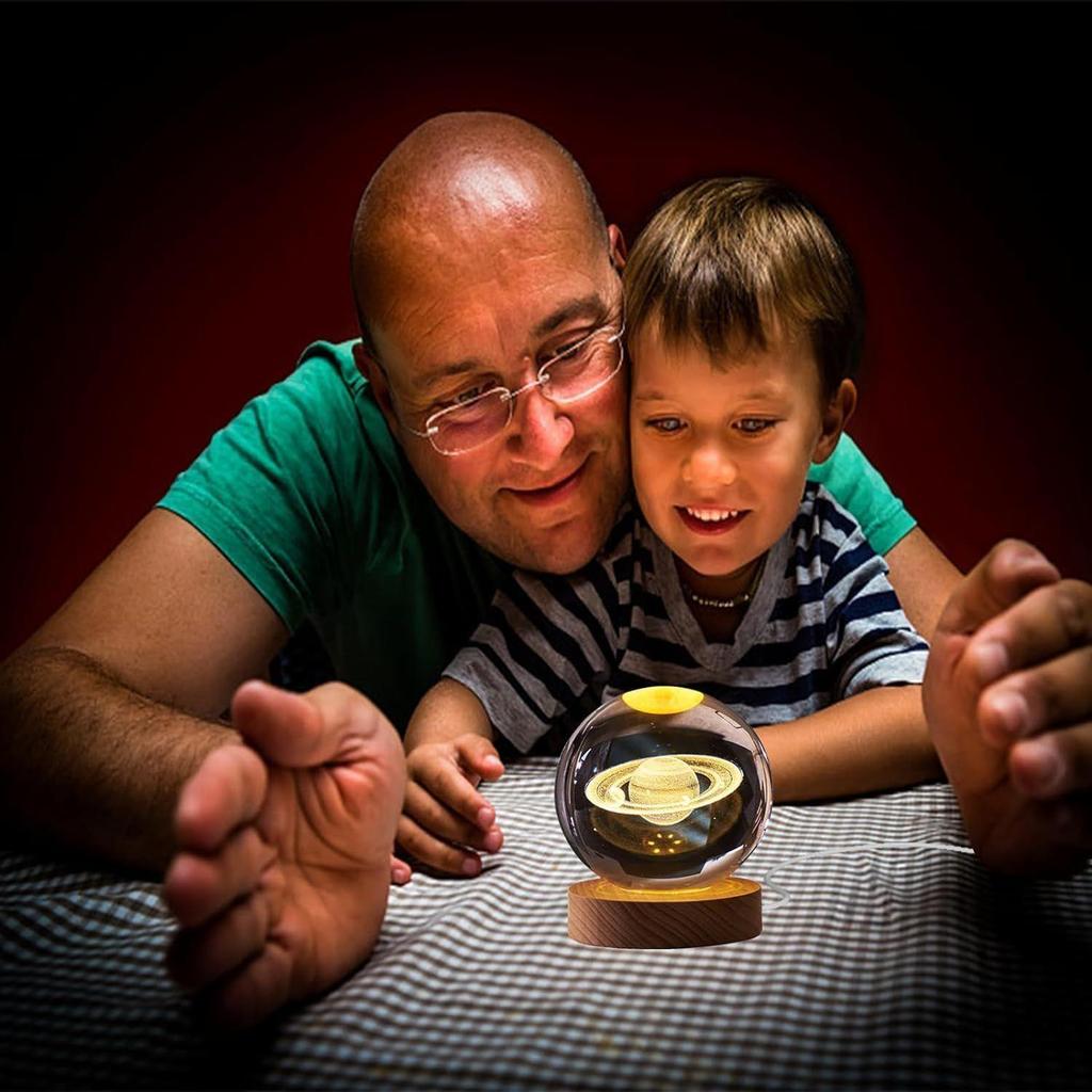 Saturn Crystal Ball Night Lamp, Crystal Ball Night Light, Corded Electric Table Colorful LED Wooden Base Lamp for Home Decoration Birthday Gift