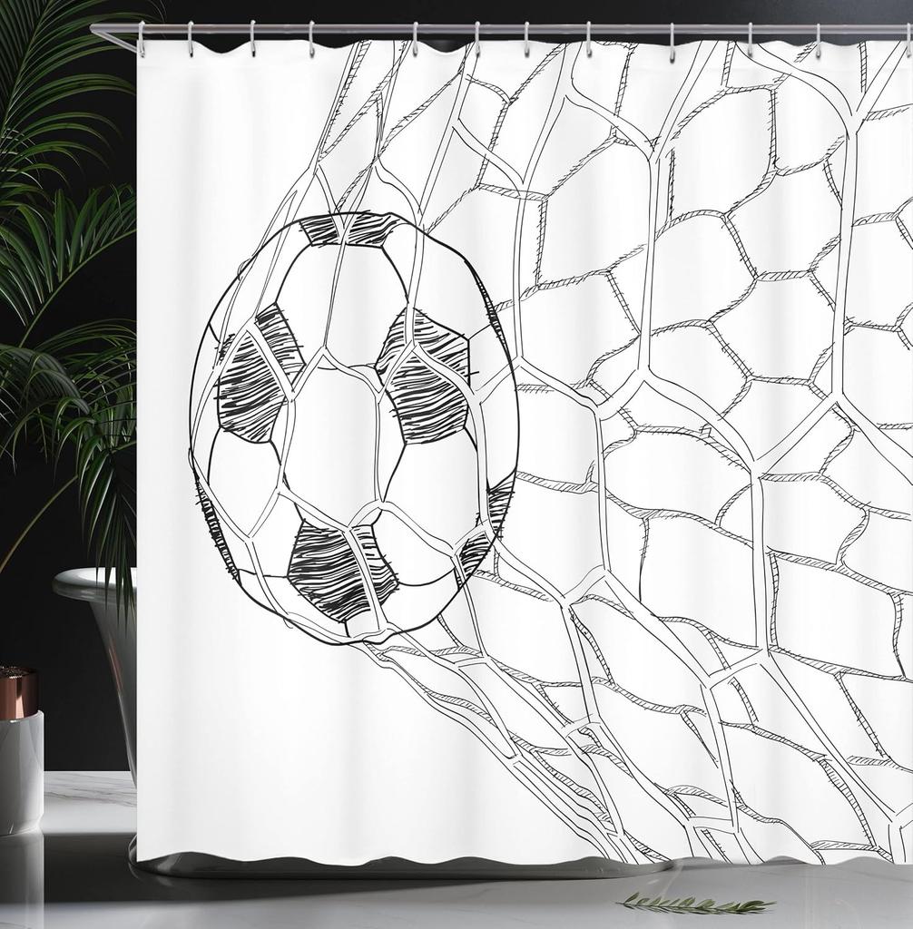 Soccer Shower Curtain, Soccer Ball In Net Goaly Position Sports Competition Spectators Hand Drawn Style, Cloth Fabric