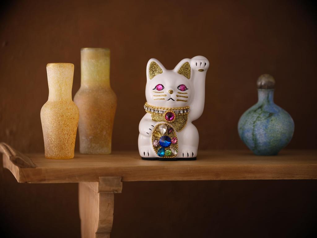 Glückskatze Schmuck Katze Mehrfarbig Linke Pfote erhoben Keramik Glückskatze Glücksbringer Feng Shui Ornament (S-SIZE Weiß) / _ Glückskatze (jwc_S Weiß)