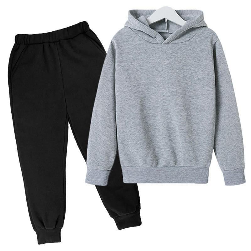 2025 Autumn Fleece-lined Kids' Solid Color Hoodie Set with Logo