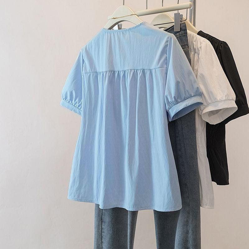 Summer Plus Size Elastic Waist Office Lady Shirt and Blouse Short Sleeve Solid Top Women Clothing V-neck