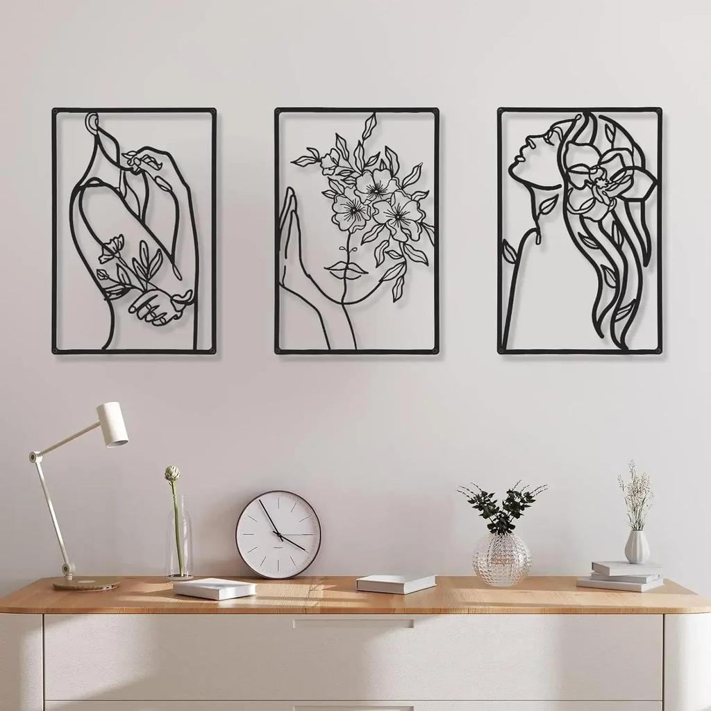 3 Pieces Metal Wall Art Abstract Woman Line Drawing Black Home Decor Living Room Kitchen Bathroom Gift