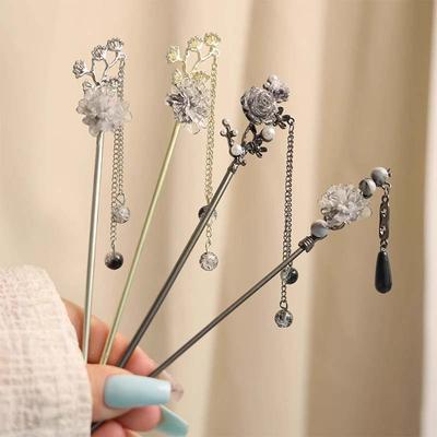 Épingle à Cheveux Vintage en Métal avec Encre, Fleur et Pompon pour Femmes, Mode Perles Rondes, Frange, Épingle à Cheveux Hanfu, Accessoires de Bijoux pour Cheveux