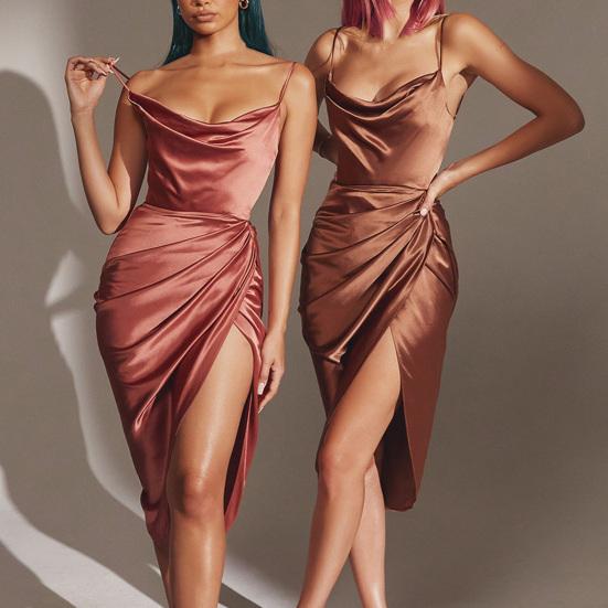 Low Collar Ruched Asymmetrical Split Hem Midi Dress Adjustable Straps Satin Sling Midi Dress Female Clothes cm
