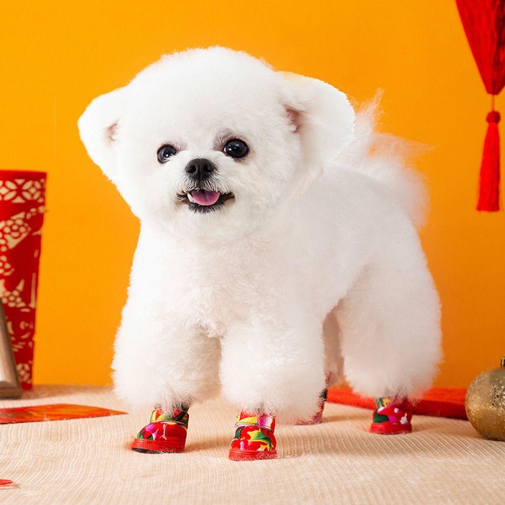 4Pcs/Set Flower Printing Dog Snow Boots New Year Adjustable Winter Dogs Shoes Fluffy Wear-resistant Pet Foot Covers