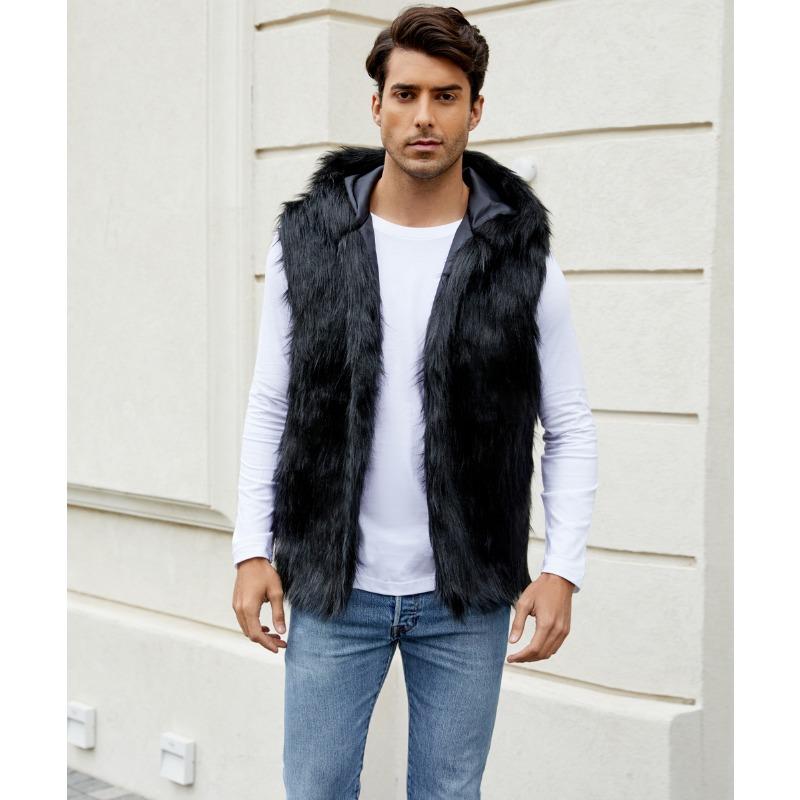 Mens Faux Fur Vest Sleeveless Hooded Open Front Warm Jacket S