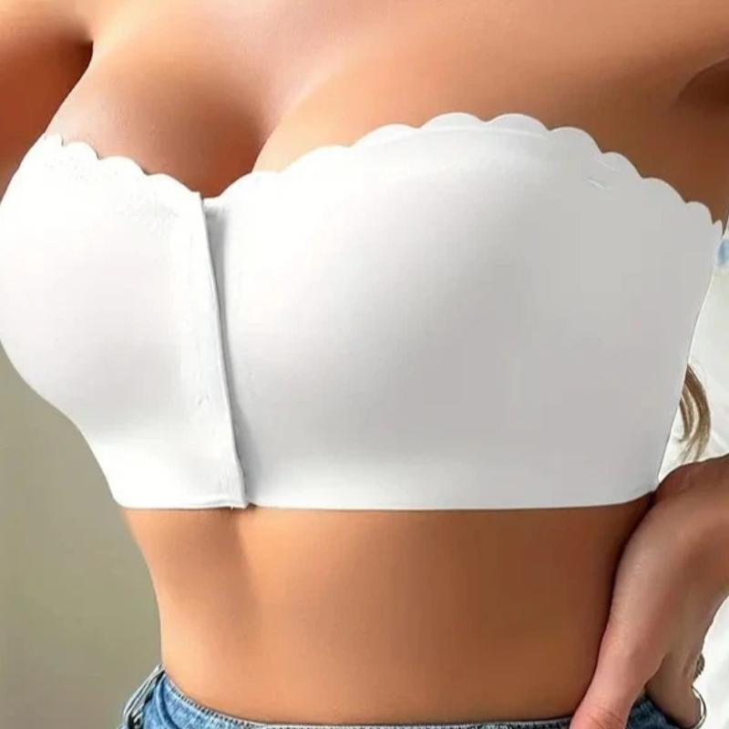 Women White Front-Closure Strapless Bra with Non-Slip Grip and Scalloped Trim