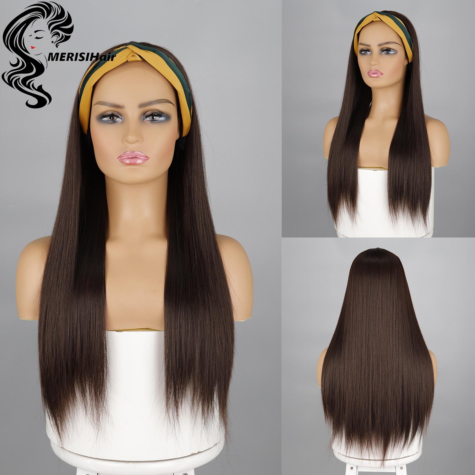 

MERISIHAIR Длинный прямой парик оголовье для женщин Прямой синтетический термостойкий Natutal Look Hair Hoop Парик Темно-коричневый
