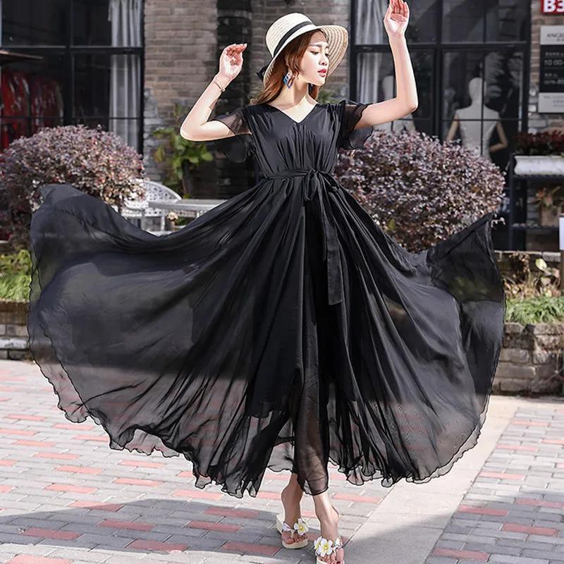 

Tide Summer Elegant Solid O-neck Short Sleeve Folds Vestido Women Casual Lace-up Pleated Chiffon Dress XL чорний