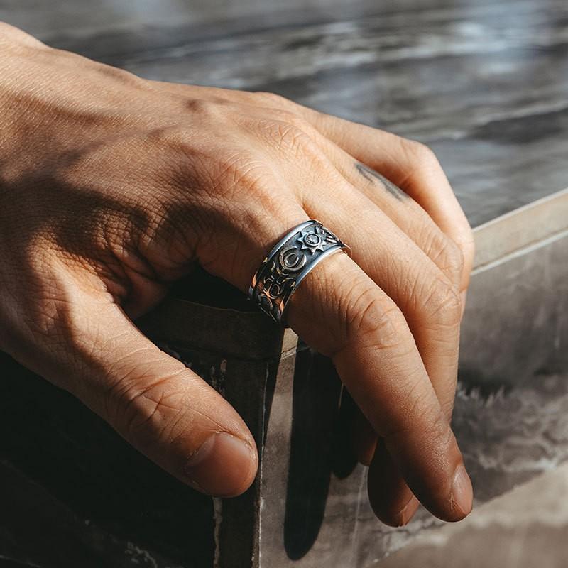 Adjustable Open Ring Men Women Vintage Sun Relief Carved Geometric Plated Statement Band