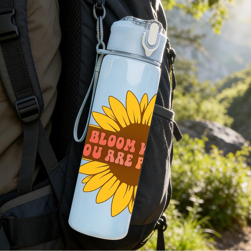 1PC Sunflower Bloom Plant Quote Art 750ml Color Plastic Sports Water Bottle Leakproof Flip Straw Lid Suitable for Sports Office Home Use