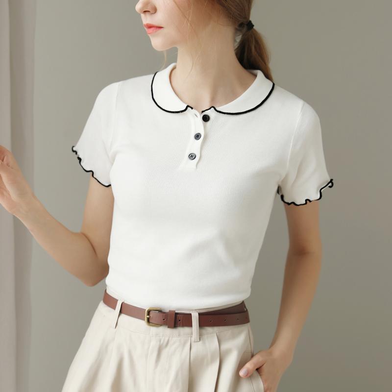 Tricou simplu cu guler polo, mânecă scurtă, culoare contrastantă, croială slim fit, tricotat din mătase de gheață, top nou cu guler pătrat pentru femei, vară