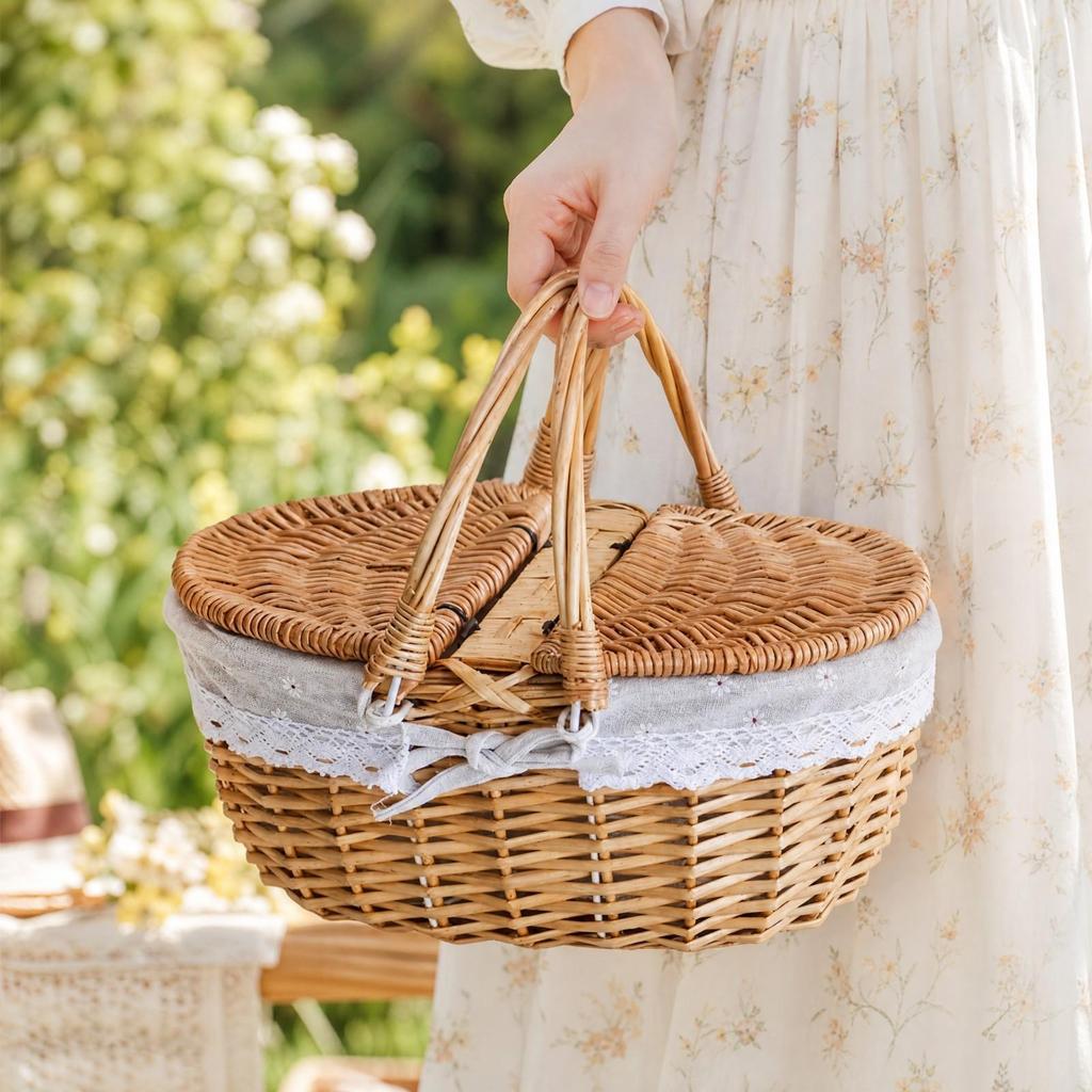 Panier en osier Longue durée Ovale Tissé à la main avec couvercle Naturel