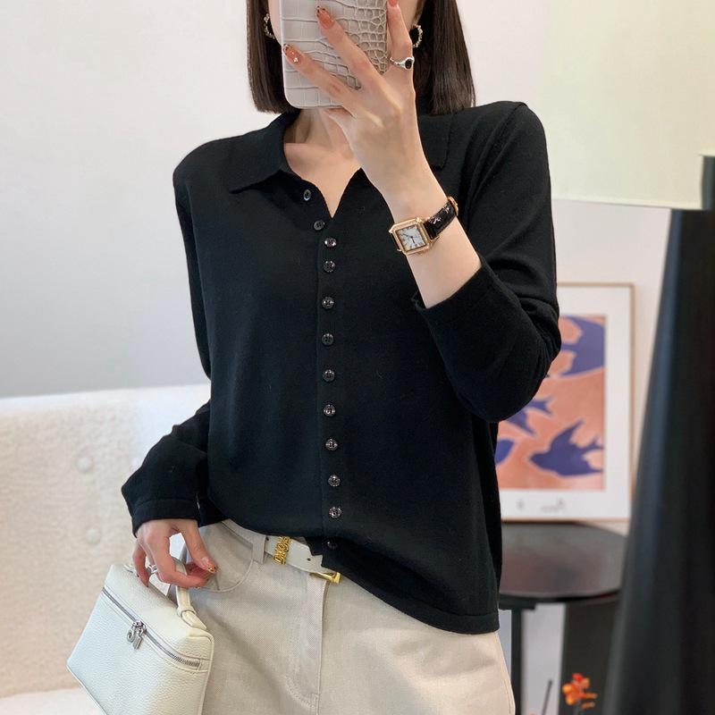 2026 Spring/Autumn Women's Fine Wool Lapel Knit Cardigan - Long Sleeve Solid Color Loose Top