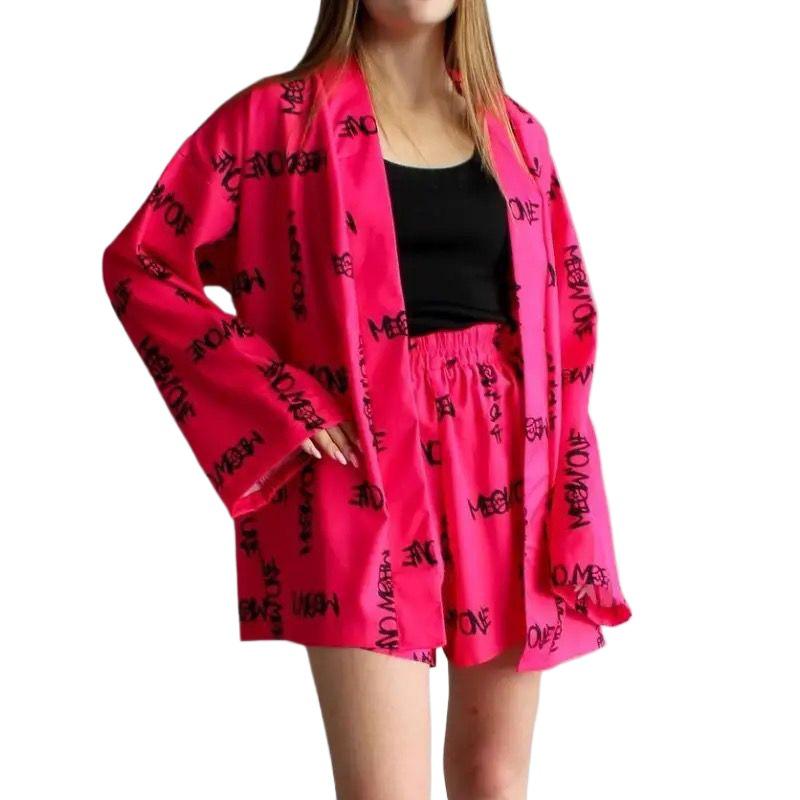 2024 Women's Loose Long-Sleeve Print Pajamas & High-Waisted Shorts Set