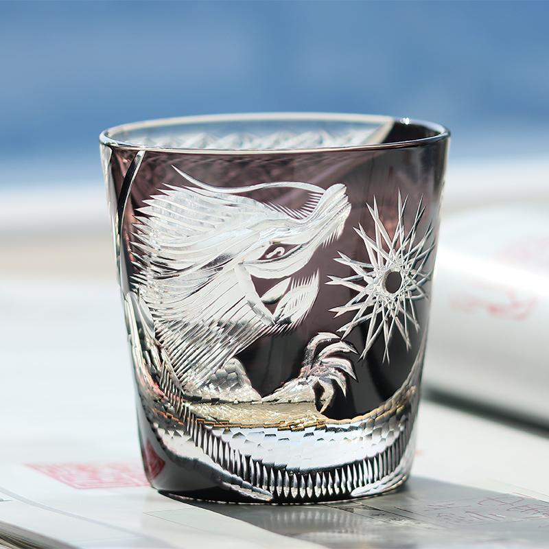 Ruční výroba Edo Kiriko Šedá Černá Sklenice na Whisky Tumbler s designem Draka a Fénixe Old Fashioned Sklenice pro prosperitu 240ml-320ml gray
