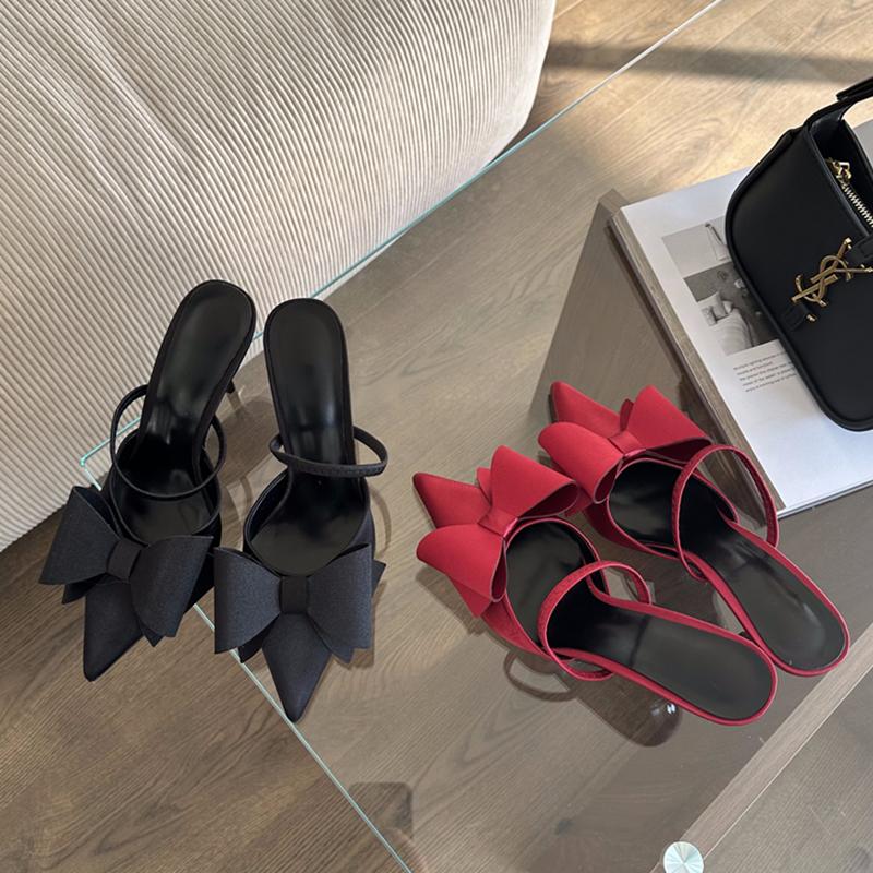 Fashion SUOJIALUN 2025 Summer New Brand Women Slipper Fashion Big Bow-knot Slip On Mules Sandal Shoes Thin High Heel Outdoor Dress Pumps
