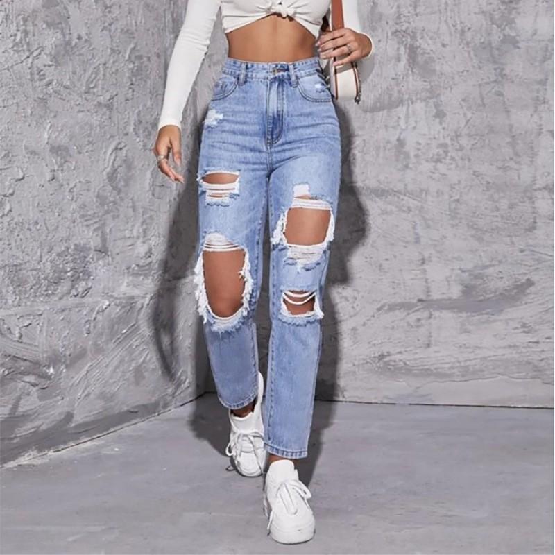 Ripped Straight Leg Jeans Women High Waist